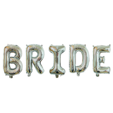Set Baloane din Folie Metalizata, Cyrax, Model Scris Bride, Litere de 100 cm, Tema Iubire, Baloane Party, Ambalaj Individual, Pai Inclus, Umflare cu Aer sau Heliu, Argintiu