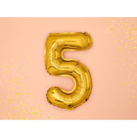 Balon din Folie Metalizata Cyrax, Figurina Cifra, Tema Aniversare 80 cm, Ambalaj Individual, Pai inclus, Umflare cu Aer sau Heliu, Auriu, Cifra 5
