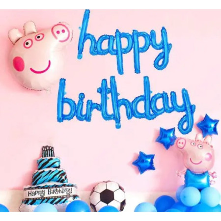 Set Baloane din Folie Metalizata, Cyrax, Model Happy Birthday, 45x85 cm, 45x124cm, Baloane Party, Ambalaj Individual, Pai Inclus, Umflare cu Aer sau Heliu, Albastru