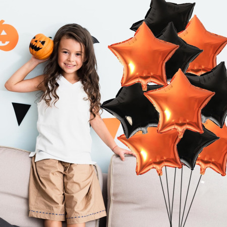 Set 5 Baloane din Folie Metalizata, Cyrax, Figurine, Tema Halloween, Pai Inclus, Ambalaj Individual, Umflare cu Aer sau Heliu, Figurina Dovleac 54x87 cm, Stelute si Cerculete 45 cm, Multicolor