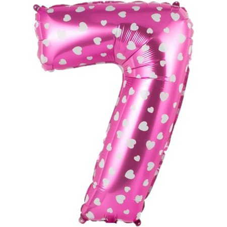 Balon din Folie Metalizata Cyrax, Figurina Cifra, Imprimeu Inimi, Tema Aniversare 80 cm, Ambalaj Individual, Pai inclus, Umflare cu Aer sau Heliu, Roz, Cifra 7