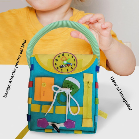 Ghiozdan Montessori, Cyrax, pentru Copii 2-6 ani, Fidget Pop, cu Catarame si Fermoare, Jucarii Senzoriale, Activitate de Invatare prin Joc, Turcoaz, 0.25 kg, 28x10x23 cm