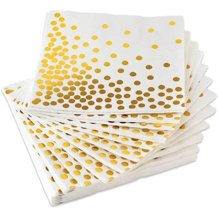 Set 20 de Servetele de Masa, Cyrax, Imprimeu cu Buline Aurii, din Hartie, 17 x 17 cm, Alb