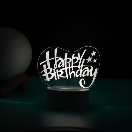 Lampa LED decorativa,  3D, Happy Birthday, cu USB si baterii, 20 cm inaltime, din material acril, lumina multicolora si telecomanda inclusa, alb