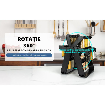 Suport Pentru Condimente Rotativ, Cyrax, Multifunctional, Pivotant 360°, Portabil, Usor de Montat, 34x23 cm, ABS/Sticla, Negru