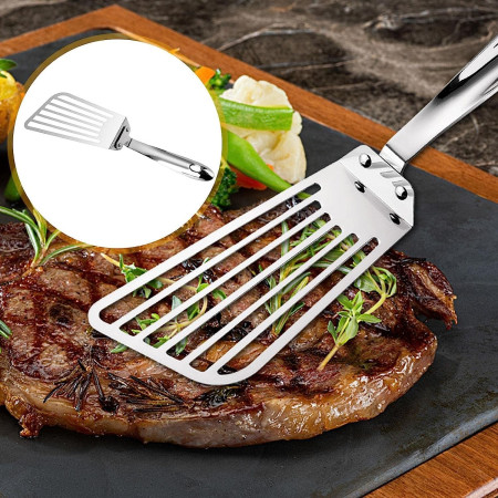 Spatula flexibila Cyrax, Fish Turner, din otel, durabila, cu margini subtiri pentru taiere, pentru carne, oua, peste, multifunctionala, argintiu