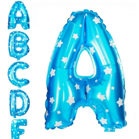 Balon Folie Metalizata Litera A, Cyrax, 40 cm, Cu Imprimeu Stelute, Umflati cu Heliu sau Aer, Ambalaj Individual, Pai inclus, Albastru