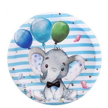 Set 10 Farfurii Unica Folosinta, Cyrax, Imprimeu Elefant, din Carton, 22 cm, Albastru