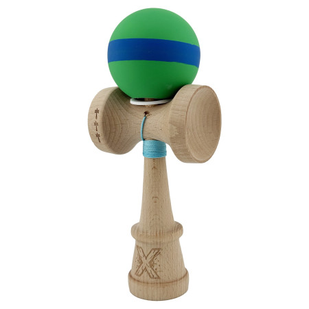 Kendama X Originala, Profesionala, Cyrax, Cupe Mari KING SIZE V3, Rubber Grip, Gaura in Baza, Rulment Metalic, din lemn 18 cm, Ata 62/65 cm, M Verde/Albastru/Verde