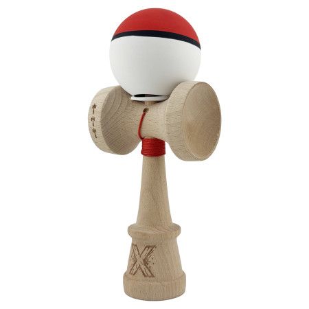 Kendama X Originala, Profesionala, Cyrax, Cupe Mari KING SIZE V3, Rubber Grip, Gaura in Baza, Rulment Metalic, din lemn 18 cm, Ata 62/65 cm, S Bicolor Rosu/Alb