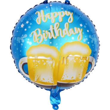 Balon din Folie Metalizata, Cyrax, Mini Figurina Rotunda, Model Halbe de Bere, Happy Birthday, Tematica Aniversare, 45 cm, Ambalaj Individual, Pai Inclus, Umflare cu Aer sau Heliu, Albastru