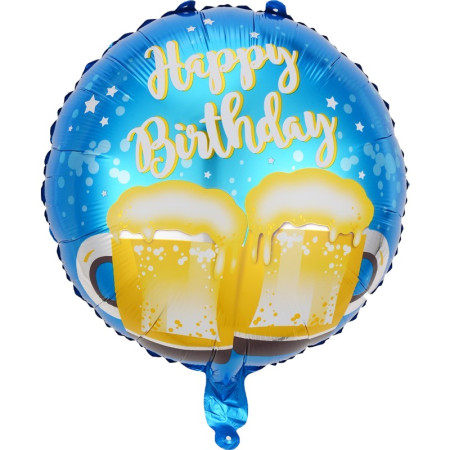 Balon din Folie Metalizata, Cyrax, Mini Figurina Rotunda, Model Halbe de Bere, Happy Birthday, Tematica Aniversare, 45 cm, Ambalaj Individual, Pai Inclus, Umflare cu Aer sau Heliu, Albastru