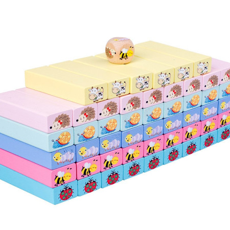 Joc de Societate, Cyrax, pentru Copii, din Lemn, Interactiv, Distractiv, Jenga Stack High Blocks, cu Zar, 51 de Piese Animate, 24.5x18x5 cm, Multicolor