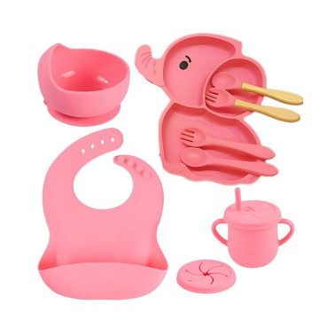 Set 10 Piese Servire Masa. Cyrax, pentru Bebelusi si Copii, din Silicon/Lemn, cu Ventuze Anti-alunecare, fara Alergeni. +6 Luni, Model Elefant, Roz