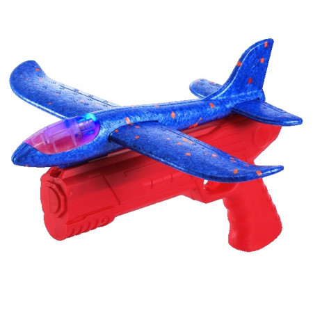 Pistol cu Lansator de Avion, Cyrax, din Polistiren+Plastic, +3 Ani, Avion 38 cm, Lansare 10 m, cu Lumini si Roti, Rosu/Albastru