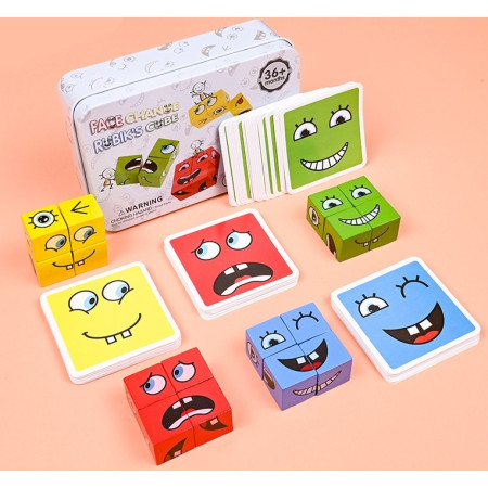 Jucarie Pentru Copii Montessori Cyrax, Cub din Lemn, Asamblare Fete, 64 de Carti Distractive, pentru Baieti si Fete, Varsta +3 ani, Educativ, Cutie din Aluminiu, 13.5 x 4 x 9 cm, multicolor