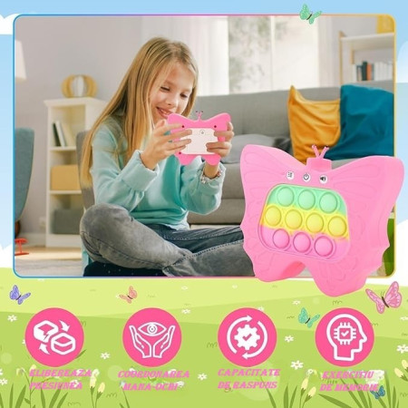 Jucarie Interactiva Tip Consola pentru Copii, Cyrax, Diferite Moduri de Joc, 120 Nivele, Material ABS/silicon, Sunete si Lumini, 12 x 5.5 x 13.5 cm, Model Fluture, Fucsia