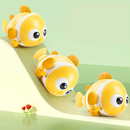 Jucarie mecanica pentru copii Cyrax, pestisor haios, cu cheita, distractiv, se taraste, se misca, 11 x 9 x 7.5 cm cm, galben