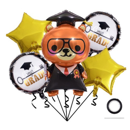 Baloane cu tematica Absolvire, Cyrax, set din 5 baloane, 1 Figurina Ursulet, 2 stele, 2 rotunde, din folie de aluminiu, 70 x 40 cm, Aer si Heliu, Auriu Negru