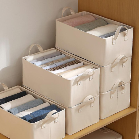 Cutie de Depozitare Tip Cos,  Material Piele Ecologica, Pliabila, 47x28x20 cm, 26 l, Cadru Metalic, cu Manere, Bej