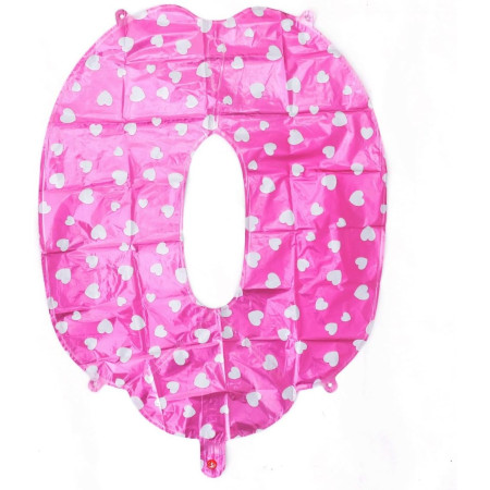 Balon din Folie Metalizata Cyrax, Figurina Cifra, Imprimeu Inimi, Tema Aniversare 80 cm, Ambalaj Individual, Pai inclus, Umflare cu Aer sau Heliu, Roz, Cifra 0