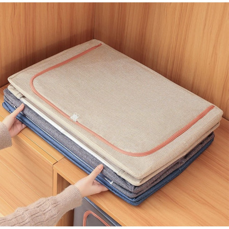 Cutie de Depozitare Pliabila,  24 L, din Bumbac si In, 40x30x20 cm, 2 Ferestre, Frontala si Laterala, 2 Usi de Acces cu Fermoar Bidirectional, Cadru Metalic, Suport Baza Stabil din Plastic, Bej