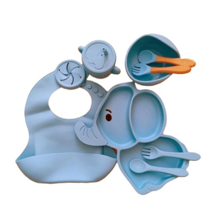 Set 10 Piese Servire Masa. Cyrax, pentru Bebelusi si Copii, din Silicon/Lemn, cu Ventuze Anti-alunecare, fara Alergeni. +6 Luni, Model Elefant, Albastru Deschis