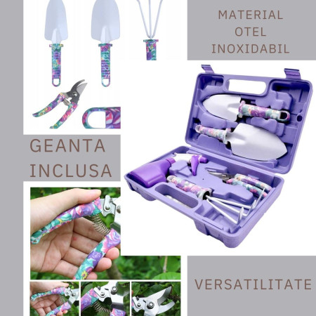 Set 5 accesorii pentru gradinarit  geanta depozitare inclusa, otel inoxidabil, 38 x 29 cm, mov