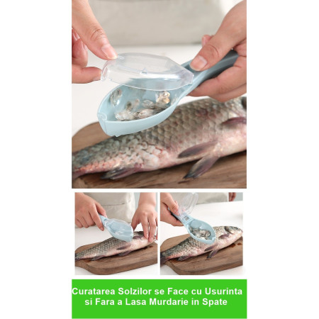 Curatator Manual Solzi de Peste, Cyrax, Forma Peste , Recipient cu Capcac pentru Solzi, Plastic, Albastru deschis, 16x6 cm