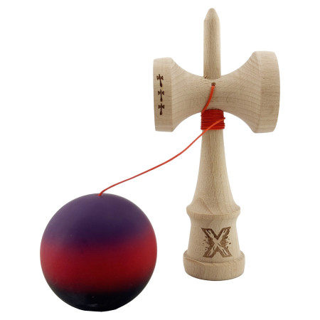 Kendama X Originala, Profesionala, Cyrax, Big Cups V2, Rubber Grip cu Cupe Mari, Rulment Metalic cu Ata 55 cm, Mov/Rosu/Negru