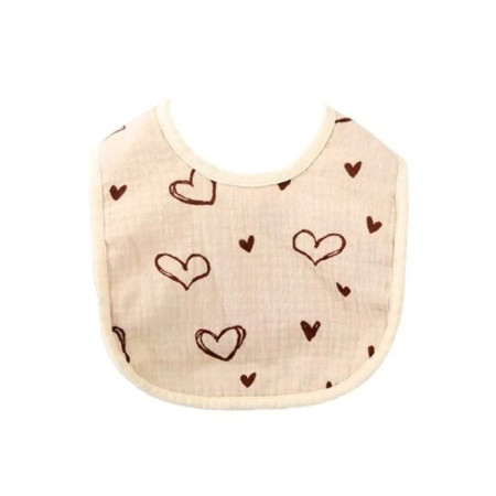 Baveta in Forma de U, Cyrax, din Bumbac, pentru Copii 0-12 Luni, Rezistenta la Apa, cu Capse, Model cu Inimoare,  21x30 cm, Bej
