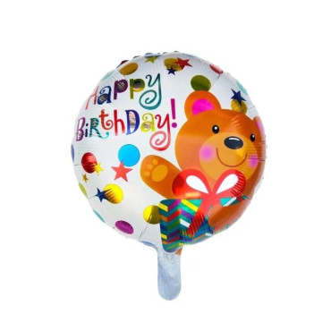 Balon din Folie Metalizata, Cyrax, Mini Figurina Rotunda, Model Happy Birthday Ursulet, Tema Aniversare, 45 cm, Ambalaj Individual, Pai inclus, Umflare cu Aer sau Heliu, Maro