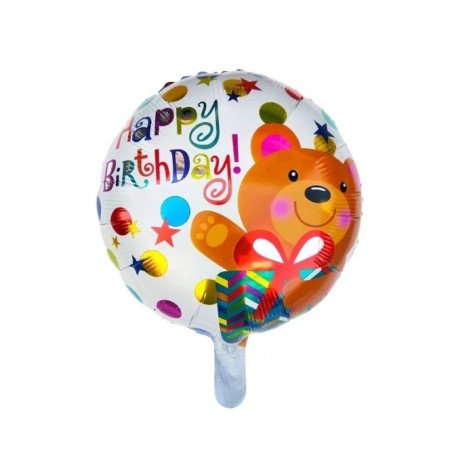 Balon din Folie Metalizata, Cyrax, Mini Figurina Rotunda, Model Happy Birthday Ursulet, Tema Aniversare, 45 cm, Ambalaj Individual, Pai inclus, Umflare cu Aer sau Heliu, Maro