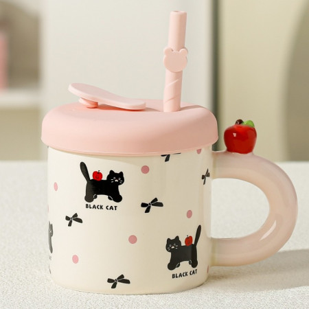 Cana din Ceramica cu Capac si Pai, Cyrax, Capacul si Paiul din Silicon Roz, 9x8.5 cm, Model Cute C, Capacitate 380ml