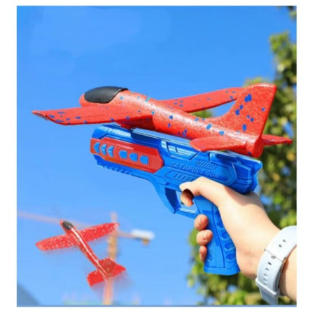 Pistol cu Lansator de Avion, Cyrax, din Polistiren+Plastic, +3 Ani, Avion 24 cm, Lansare 10 m, cu Lumini, Albastru/Rosu
