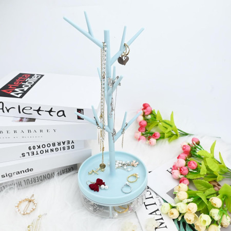 Cutie de Bijuterii,  Rotativa, cu Suport Tip Ramura, 36.5 x 14 cm, din ABS+PP, Albastru