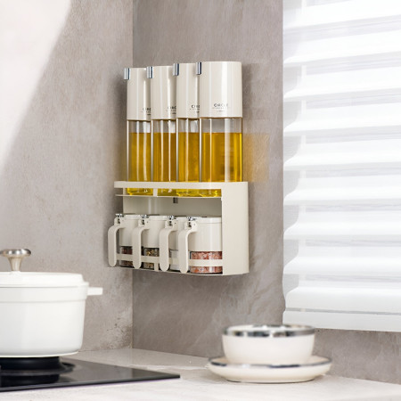 Suport pentru Depozitare Condimente, Ulei, Otet, Cyrax, Montare pe Perete din 9 Piese, Uz Casnic, pentru Bucatarie, 31x13.5x36.8cm, Alb