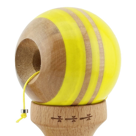 Kendama X Rainbow Originala, Profesionala, Cyrax, Big Cups V2, Super Sticky cu Cupe Mari, Rulment Metalic, din lemn 18 cm, Ata 55 cm, Galben/Maro