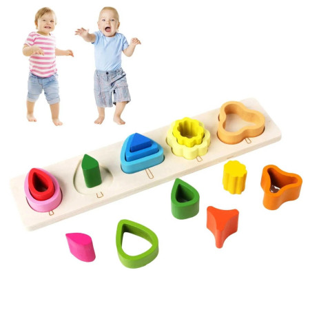 Jucarie Montessori din Lemn, Cyrax, Tip Puzzle, cu 5 Forme Asimetrice, 15 Piese, Educativa, Interactiva, Creativa, Model Copaci, Materiale Non Toxice, +2 Ani, 29x6.5 cm, Multicolor