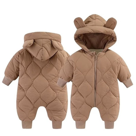 Combinezon de Iarna, Cyrax, pentru Bebelusi, din Bumbac, cu Urechi, Mansete Elastice, Unisex, 73 cm, Maro