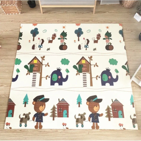 Covoras pentru Copii, Cyrax, cu 2 Fete, Model ZOO/Ursulet, din XPE+PE, Impermeabil, Antiderapant, Protectie Termica, +3 Luni, Pliabil, 150 x 200 x 1.5 cm, Multicolor