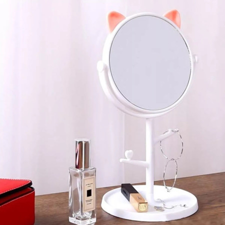 Oglina Cosmetica cu Picior, Cyrax, HD, Rotire 360 Grade, 15 cm Diametru, Suport Bijuterii Baza Rotunda + 2 Brate, Model cu Urechi, 31 x 14.5 x 15 cm, din Plastic, Alb