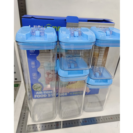 Set 5 Cutii de Depozitare Alimente, Cyrax, 1 x 500ml, 2 x 800ml, 1 x 1200ml, 1 x 1900ml, Capac Albastru, din PP+PET, Inchidere Ermetica, Transparent