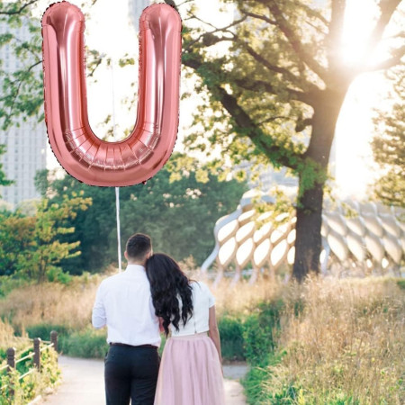 Balon Folie Metalizata Litera U, Cyrax, 100 cm, Umflati cu Heliu sau Aer, Ambalaj Individual, Pai inclus, Rose Gold