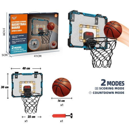 Cos de Baschet pentru Copii, Cyrax, cu Tablou de Bord Electronic, Minge, Pompa, 2 Moduri, Interior/Exterior, Inel Metalic si Rabatabil cu Arc, Luminos, 41x31x5 cm, Multicolor