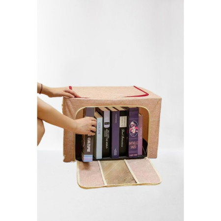 Cutie de Depozitare Pliabila,  24 L, din Bumbac si In, 40x30x20 cm, 2 Ferestre, Frontala si Laterala, 2 Usi de Acces cu Fermoar Bidirectional, Cadru Metalic, Suport Baza Stabil din Plastic, Bej