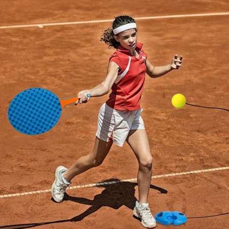 Set Badminton pentru Copii, Cyrax, Doua Palete, Fluturas, 2 Mingi, Minge cu Elastic pentru Antrenament, Suport de Prindere Stabil, 41x23 cm, Albastru Portocaliu