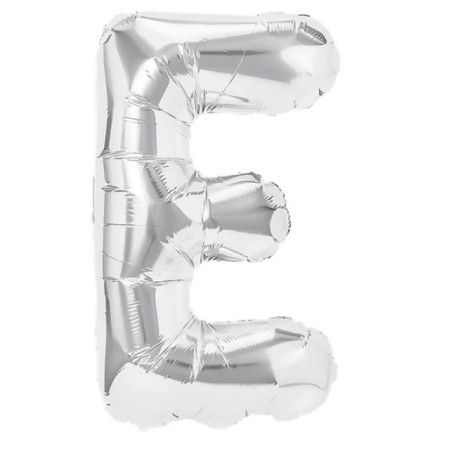 Balon Folie Metalizata Litera E, Cyrax, 40 cm, Umflati cu Heliu sau Aer, Ambalaj Individual, Pai inclus, Argintiu