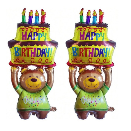 Balon din Folie Metalizata, Cyrax, Figurine Animalute, Model Ursulet cu Tort Aniversar, 124x65 cm, Ambalaj Individual, Pai Inclus, Umflare cu Aer sau Heliu, Multicolor