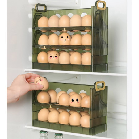 Suport Organizator pentru Oua, Cyrax, pentru Frigider, Verde transparent, Capacitate 30 oua, Trei straturi, cu Data de Expirare, 25.5x10x23 cm